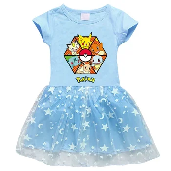 MINISO Pikachu 2023 Uus Tüdrukud Dress Trükitud Cartoon Tähtede ja Kuu Võre Lühikesed Varrukad Printsess Kleit