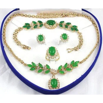 Roheline Jade Golden Link Crystal Ripats Kaelakee, Käevõru, Kõrvarõngad Ja Sõrmuse Komplekt
