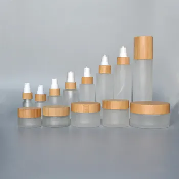 5tk/palju 30ml 50ml 100ml 120ml 150ml bambusest spray losjoon matistatud klaasist pudel purgid koos pumba puidust kork bambusest parfüümi pudelid