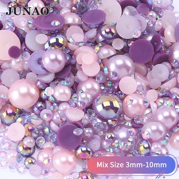 JUNAO 30g 3-10mm Segu Suurus Mix Lilla Värv Pool Ringi Pearl Helmed Flatback ABS Plastikust Imitatsioon Pearl DIY Crafts