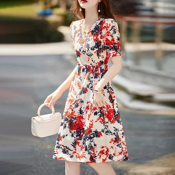 Roosa Suvine Varustus Naiste 2023 Trükkimine Lühikesed Varrukad Elegantne Kleit Vintage Naine, Mood Uued Kleidid Midi Naiste korea