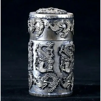 Laekuva Hiina Vana Hõbe vask Käsitöö nikerdatud Dragon Toothpi Box