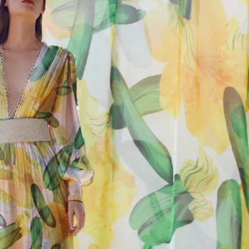 Siid Sifonki Mulberry Suvel Riie Kurk Kollane Lill digitaaltrükk Õhuke Läbipaistev Elegantne Kleit, mida Arvesti Materjal